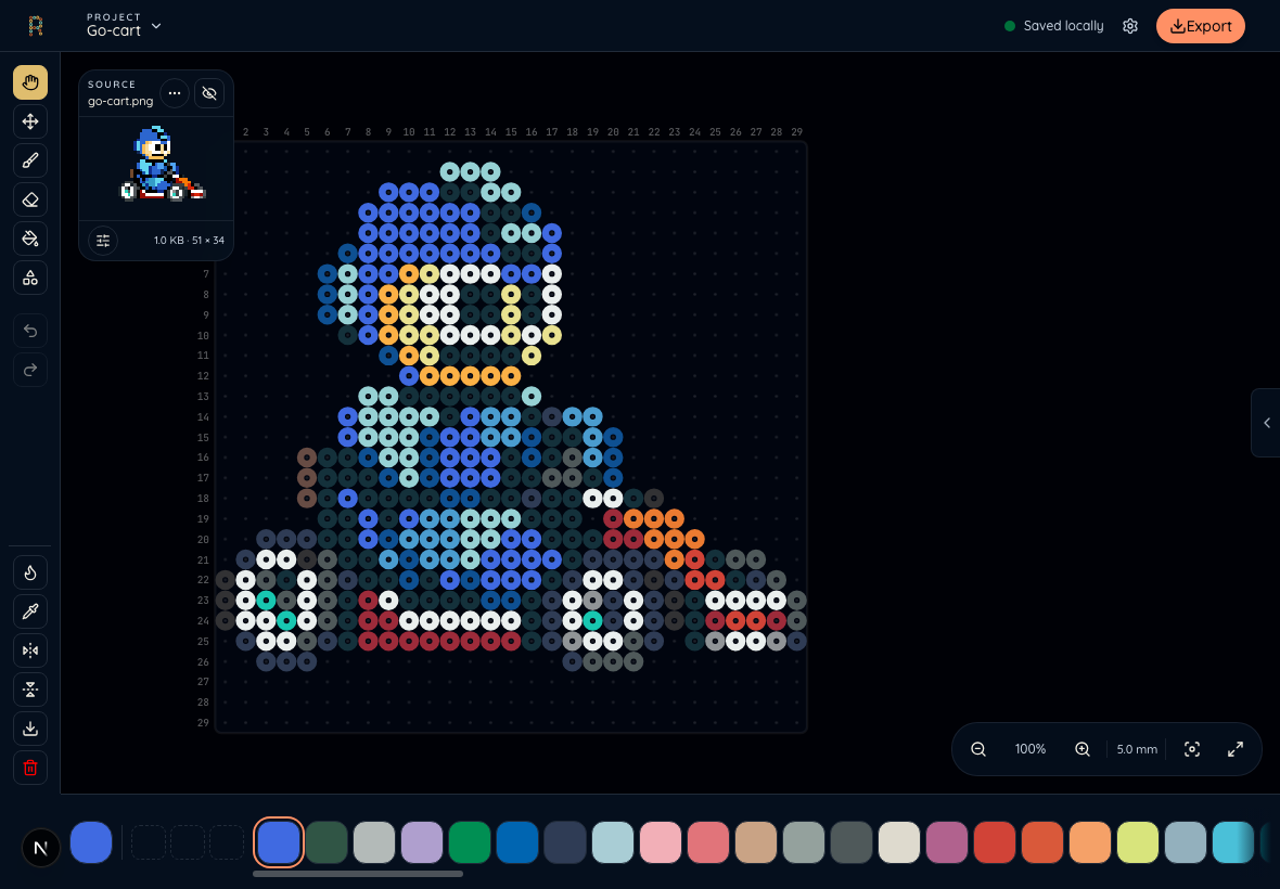 Screenshot of the RetroBeads editor on an iPad-landscape viewport, dark theme, with go-cart.png loaded: a 29x29 bead chart in the canvas, the tool rail on the left, the project panel collapsed on the right, and the Perler palette strip along the bottom.