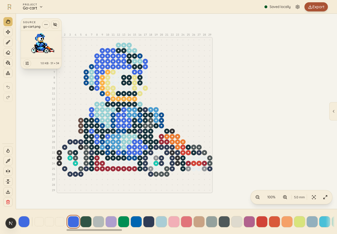 Screenshot of the RetroBeads editor on an iPad-landscape viewport, light theme, with go-cart.png loaded: a 29x29 bead chart in the canvas, the tool rail on the left, the project panel collapsed on the right, and the Perler palette strip along the bottom.