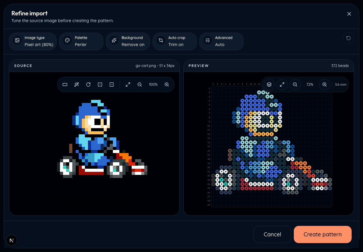Screenshot of the RetroBeads import wizard, dark theme, with go-cart.png loaded: the source pixel art on the left, the bead preview on the right showing 372 beads on a 29x29 board, and image-type, palette, background, crop, and advanced controls above.