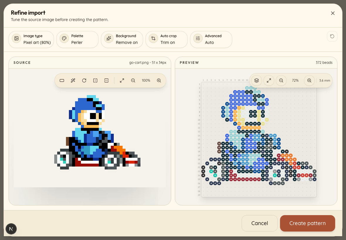 Screenshot of the RetroBeads import wizard, light theme, with go-cart.png loaded: the source pixel art on the left, the bead preview on the right showing 372 beads on a 29x29 board, and image-type, palette, background, crop, and advanced controls above.